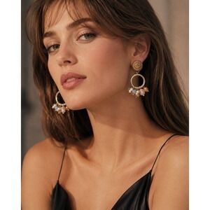 Anthropologie Beaded Hoop Drop Earrings Gold Tone Semi-Precious Stone Cluster